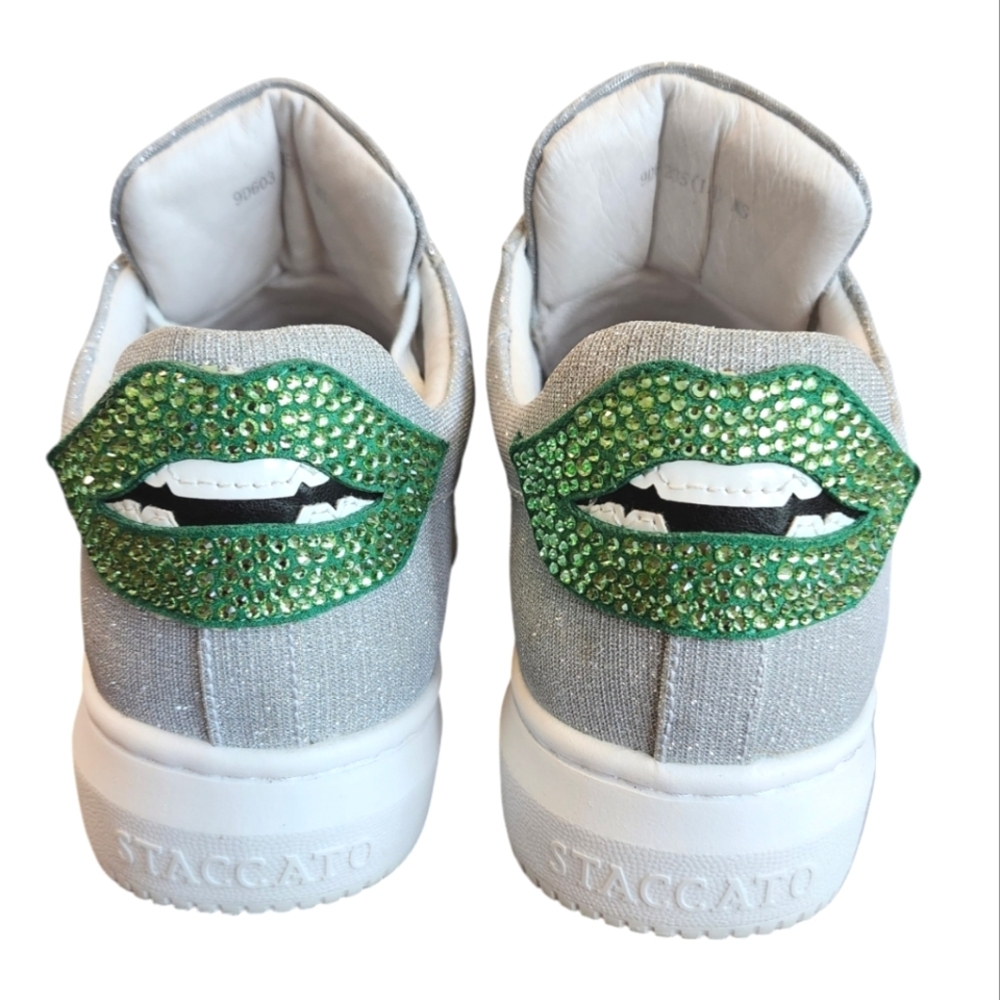 Staccato Sparkly Silver Sneakers with FUNKY‎ Green Mouth Design Women’s Sneakers - Picture 4 of 12